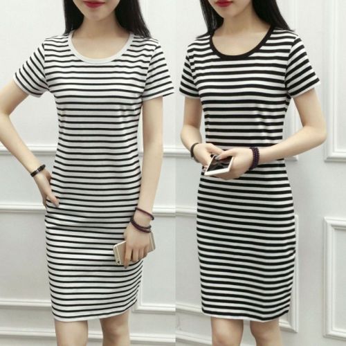 2020 summer new Korean Short Sleeve Ruffle Dress loose and thin A-line fishtail stripe skirt female student
