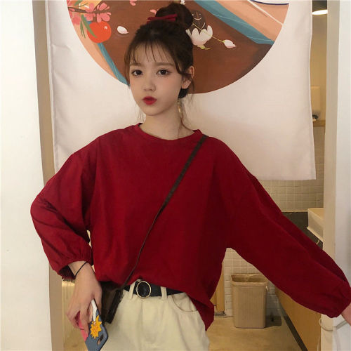 Autumn Korean loose ins college style white versatile Lantern Sleeve long sleeve T-shirt girl student top
