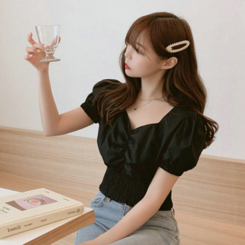 S-XXL pleated elastic waist short shirt women's Korean French small solid waist top bubble sleeve V-neck