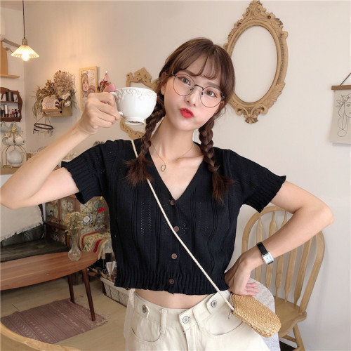 Real shot real price Korean V-neck slim knit top girl cute fairy cardigan short T-shirt