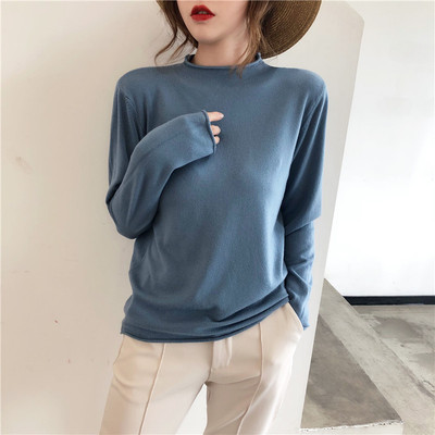 Avocado green sweater for women in autumn and winter with a half high collar bottomed shirt loose and thin, wearing a Pullover Sweater outside