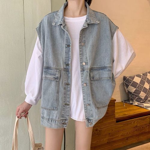 Ins overalls vest Denim Jacket Women Wear Hong Kong style, loose sleeveless shoulders, early autumn students Ma Jiachao