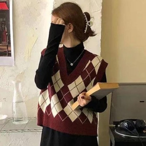  autumn new loose warm sweater vest women's fashion V-neck Plaid knitted vest