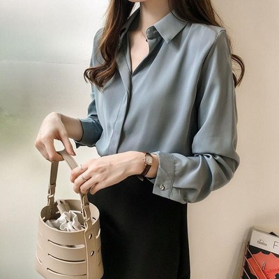 Spring women's new Korean style temperament solid color shirt women's long sleeve top simple ol chiffon shirt bottomed shirt