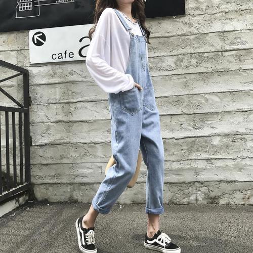 Spring women's new Korean version of students' lovely casual backpack jeans loose long pants fashion western style one-piece pants