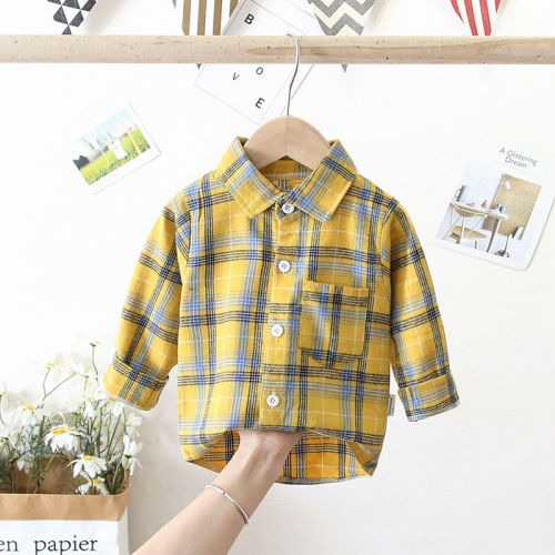 Boys' long sleeve shirt Plaid baby spring coat top children's cardigan children's spring and autumn turnover collar shirt