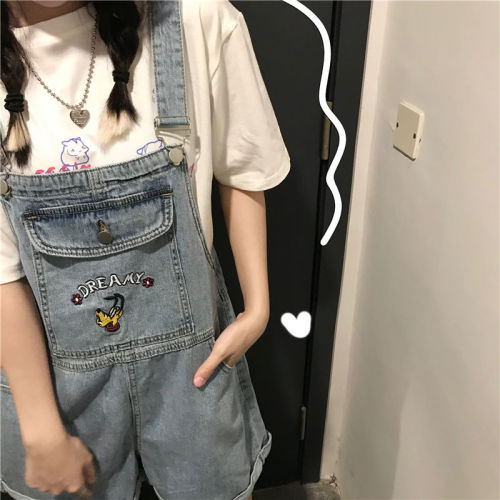 Japanese girl's high waist and reduced age denim suspender pants