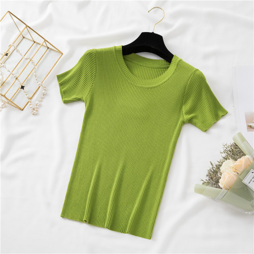 2020 summer new Korean solid short sleeve T-shirt women's slim fit with short ice silk knitwear thin top