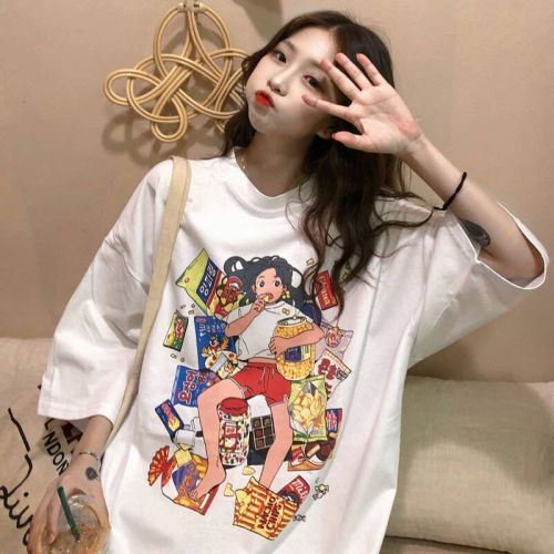 Ins short sleeve summer new Korean girl student loose simple cartoon print Harajuku T-shirt girl