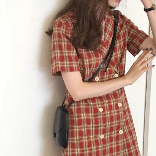 Platycodon grandiflorum French retro thin temperament Plaid suit small fragrance dress super Fairy Forest female spring and summer
