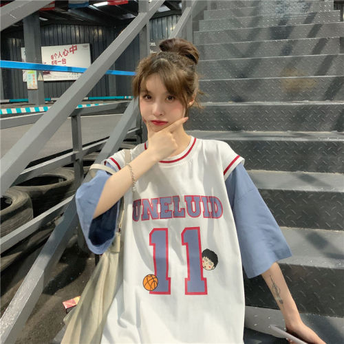 Fake two basketball T-shirt women 2020 New Jersey short sleeve Student Korean loose mid long half sleeve ins fashion