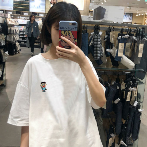 Pure cotton 2020 summer yuansuo wind BF Korean loose short sleeve T-shirt girl student cartoon top versatile girlfriends