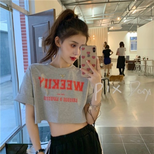 Short sleeve t-shirt female fashion student short girl's feeling letter printing Korean high waist open navel hot girl top summer