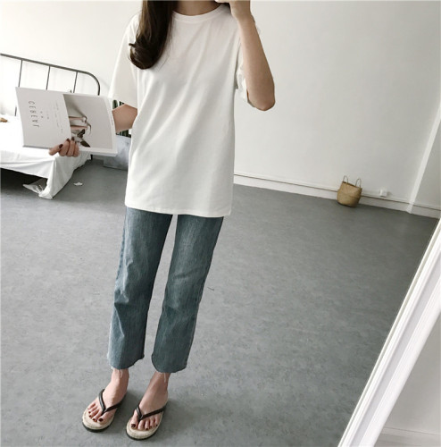 V-neck solid white T-shirt women's short sleeve Korean version versatile loose retro Hong Kong style cotton linen top