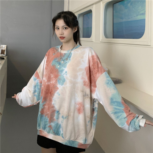 Official picture of Korean autumn mid long loose casual and versatile student long sleeve tie dye T-shirt for women