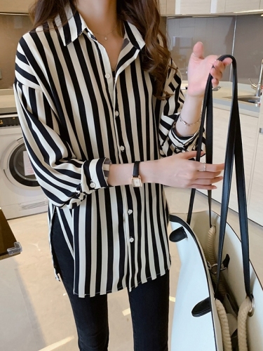 Chiffon base striped shirt women's spring and summer new Korean large women's clothing design inspiration age reducing top