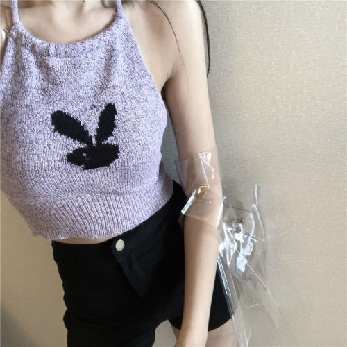 Summer 2020 new Hong Kong style retro chic careful machine open back sling rabbit neck knitted short vest for women