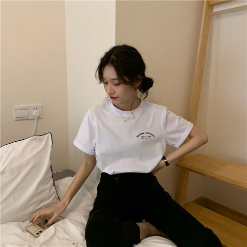 Milk silk short sleeve T-shirt girl student retro Hong Kong style top summer Korean loose size versatile letter half sleeve