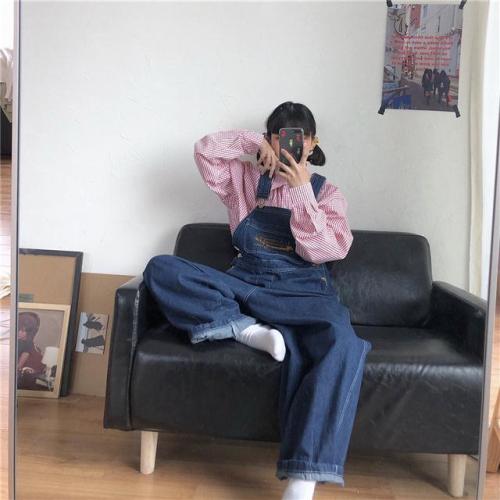 Autumn Korean embroidered ins ancient denim belt pants for girls lovely young loose wide leg one-piece pants students