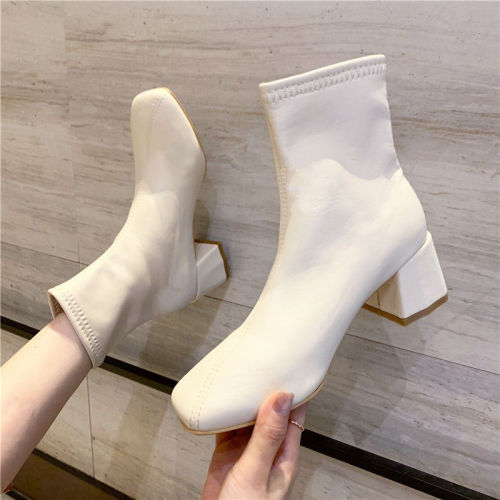 Chelsea short boots women's Martin boots thick heel spring and autumn elastic thin single boot Mid Heel square head new autumn / winter 2020