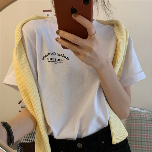 Milk silk short sleeve T-shirt girl student retro Hong Kong style top summer Korean loose size versatile letter half sleeve