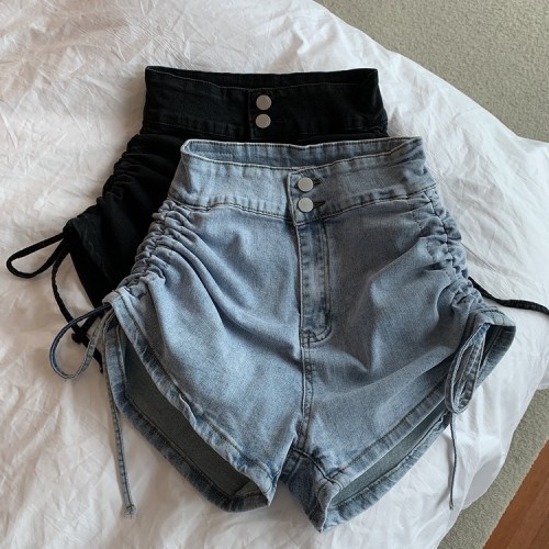 Real shot real price drawstring Jeans Shorts high waist double button hot girl net red fried Street pants