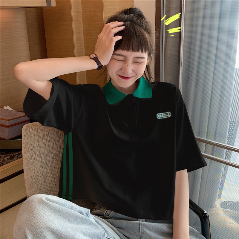 Photo 6535 cotton 2020 new Korean Short Sleeve T-Shirt women's stripe color polo collar short style personality
