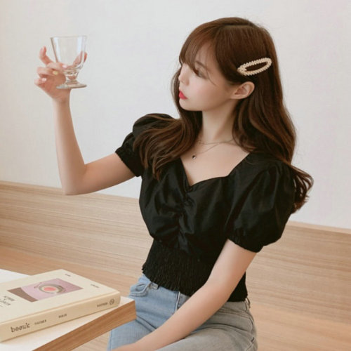 Pleated elastic waist short shirt women's Korean French small solid waist top bubble sleeve V-neck 2020