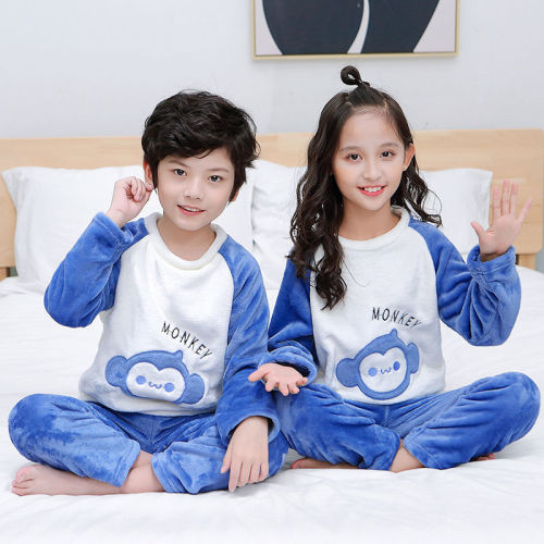 Huafei cat autumn and winter children's flannel pajamas suit boys and girls' thickened coral velvet cartoon embroidered home clothes