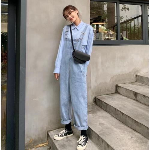 College style BF age reduction retro denim belt pants women's spring loose flanging wide leg pants straight tube one-piece pants fashion