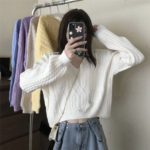 Shooting real price autumn winter Korean V-neck perforated loose top long sleeve knitted sweater coat for women