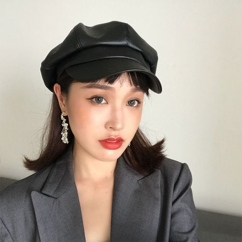 Autumn and winter British style PU leather Beret Korean Hong Kong Style versatile octagonal hat female leather retro painter bud hat
