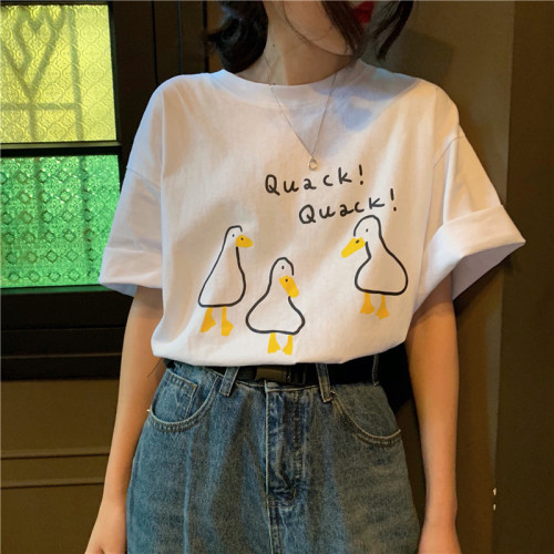 Loose Korean thin duck printed short sleeve T-shirt with foreign style and versatile