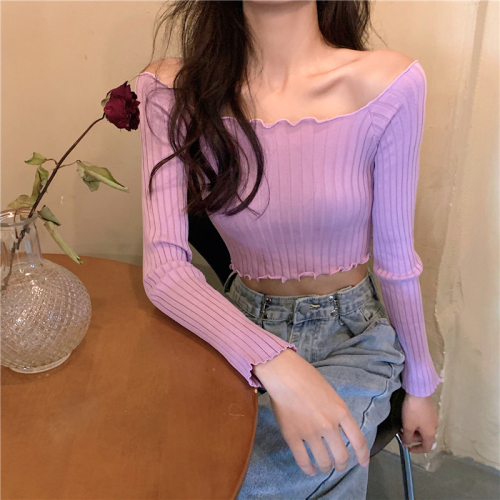 Real shot real price one shoulder top off shoulder collarbone T-shirt high waist short navel exposed long sleeve T-shirt