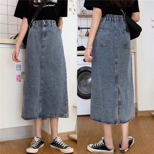 Real photo real price summer all kinds of elastic waist slit show thin medium long denim skirt