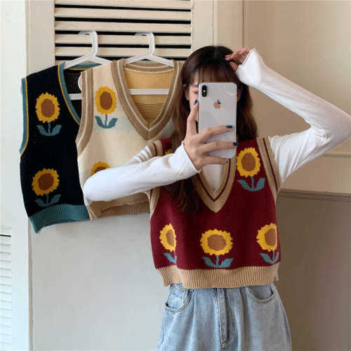 Retro contrast sunflower vest T-shirt women's new autumn 2020 Korean loose and thin outerwear top