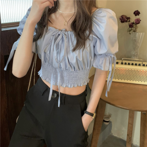 Real price! Korean square collar French clavicle shirt bubble short sleeve high waist open navel short top