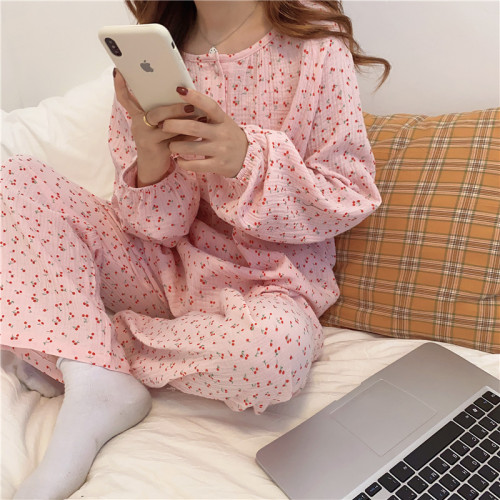 Real price cotton skin friendly ins loose and comfortable cherry pajamas home suit long sleeve pants
