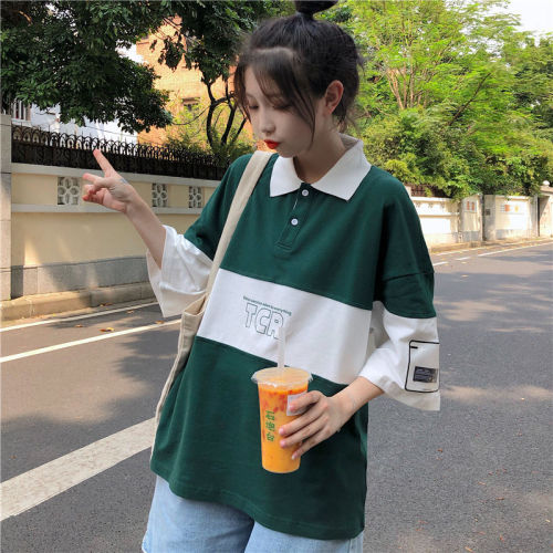 Lapel polo shirt Japanese ins short sleeve t-shirt female loose fit Korean students' casual BF lazy style half sleeve top fashion [deliver in 8 days]