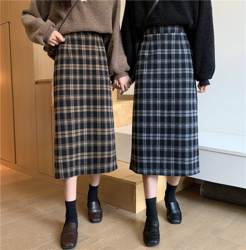 Real price woolen skirt women's autumn and winter mid length retro plaid skirt with split hips skirt