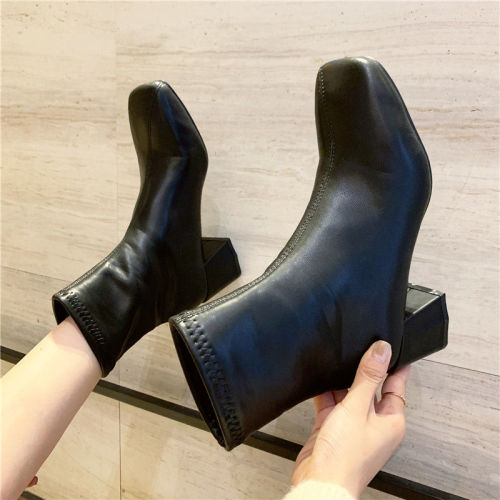 Chelsea short boots women's Martin boots thick heel spring and autumn elastic thin single boot Mid Heel square head new autumn / winter 2020
