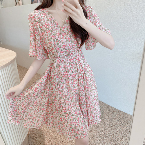 Korean cut back lace up Platycodon Flower Chiffon Dress