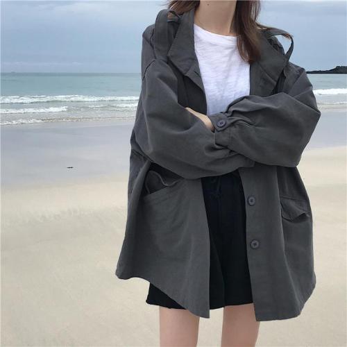 Long sleeve work clothes autumn new versatile medium and long windbreaker coat loose and thin Korean student top