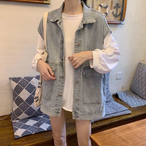 Ins overalls vest Denim Jacket Women Wear Hong Kong style, loose sleeveless shoulders, early autumn students Ma Jiachao