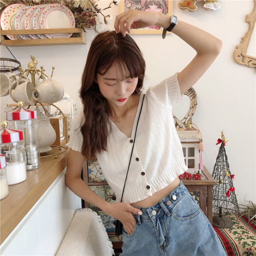 Real shot real price Korean V-neck slim knit top girl cute fairy cardigan short T-shirt