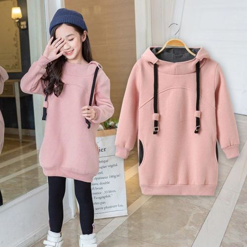 Girls' hooded Pullover Sweater mid long 2020 new online Red Korean fashion children's autumn and winter clothes