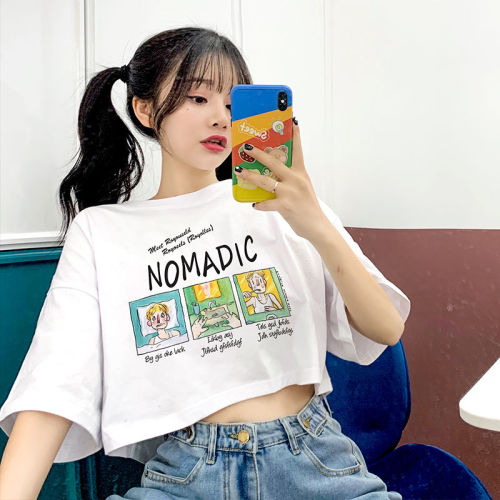 Short T-shirt women 2020 new summer short sleeve female students Korean loose half sleeve high waist navel top ins fashion