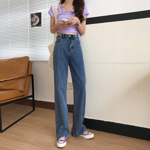 Real shot real price waist adjustable ~ version excellent thin high waist denim pants straight tube mop