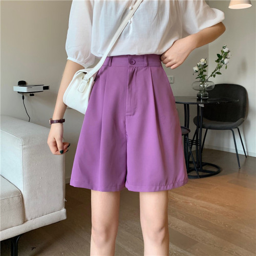 Real photo, real price, high waist, thin casual suit, short pants, women's loose purple straight tube, wide leg pants, 5-point pants