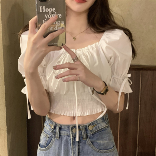 Real price! Korean square collar French clavicle shirt bubble short sleeve high waist open navel short top